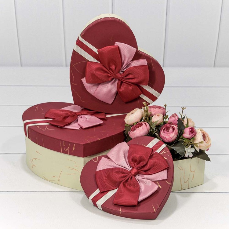 720612/28 Коробки "Сердце" Набор 1/3 22*20*9 с двойным бантом (ассортимент 2) 1/36