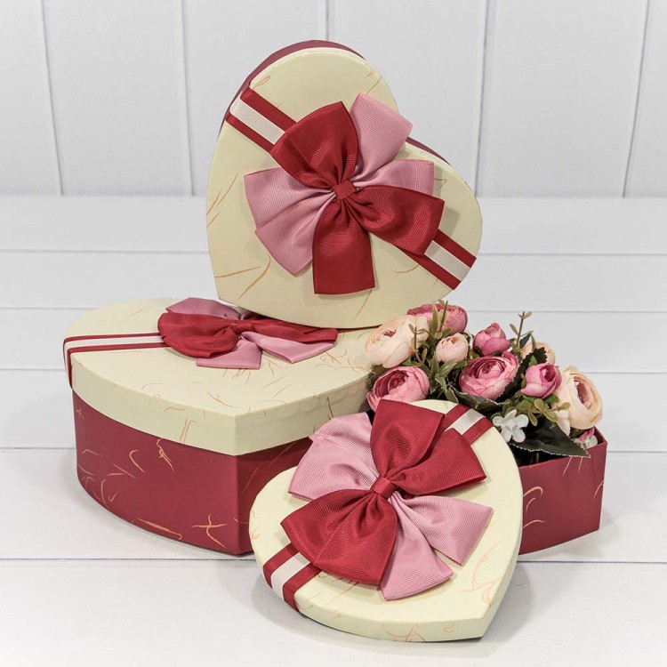 720612/28 Коробки "Сердце" Набор 1/3 22*20*9 с двойным бантом (ассортимент 2) 1/36