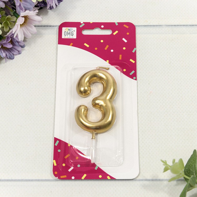 20013/3 Свеча для торта Цифра 3 Золотой 6см 1/12 1/120