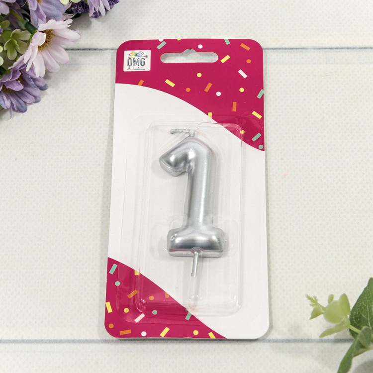 20014/1 Свеча для торта Цифра 1 Серебряный 6см 1/12 1/120