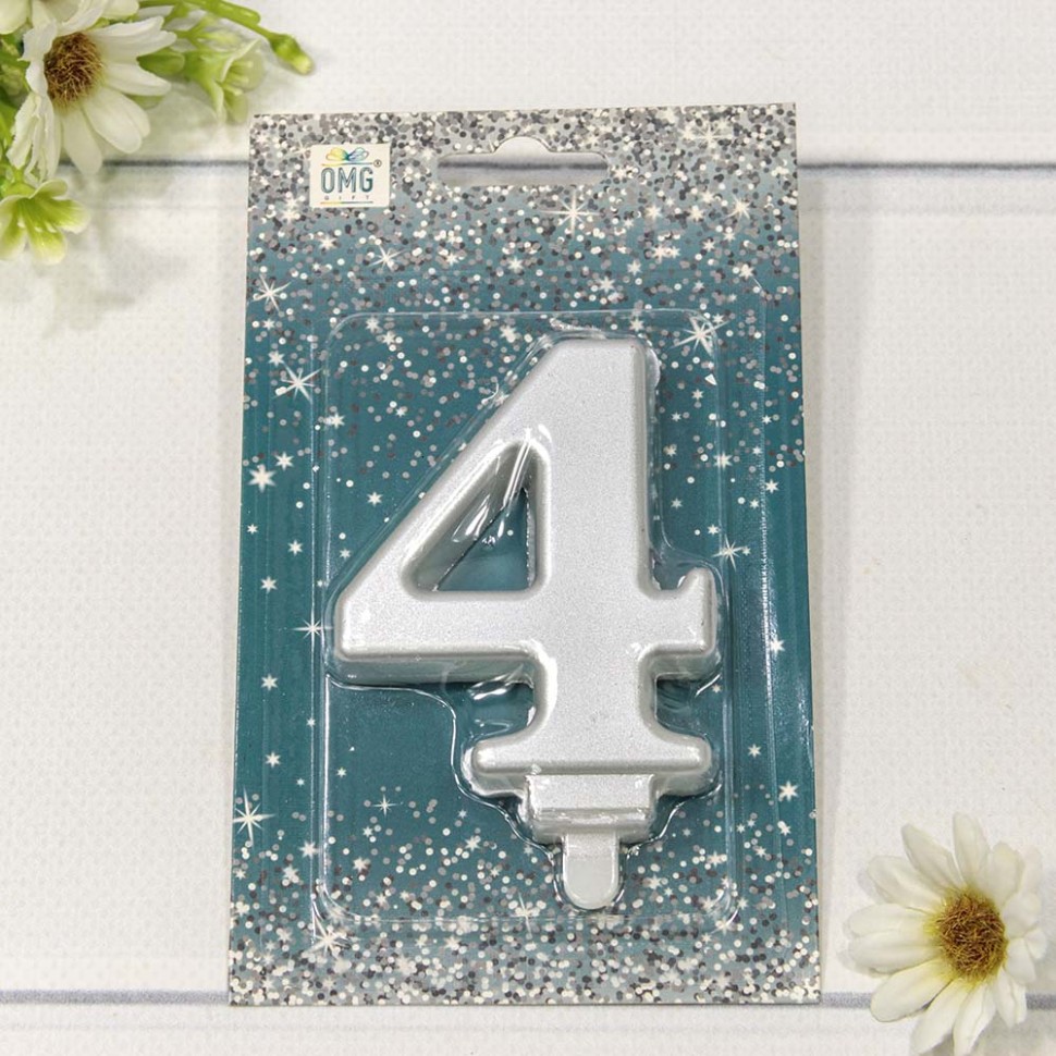 20010-71/4 Свеча для торта Цифра 4 "Гигант" 8см Серебряный 1/12 1/288