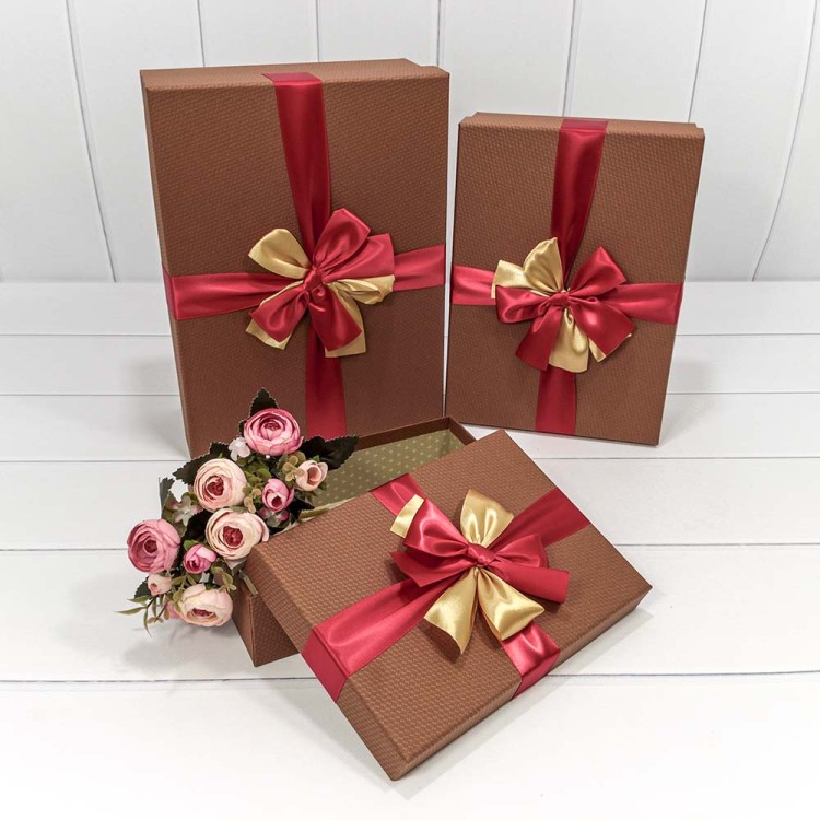 720583/4 Коробки Прямоугольные Набор 1/3 33,5*25*11,5 с двойным бантом Коричневый 1/20