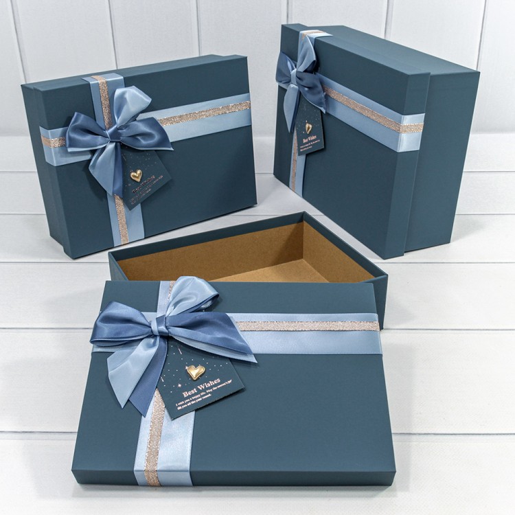 721631/2	Коробки Прямоугольные Набор 1/3 29*21*9,5 с двойным бантом и сердечком Синий 1/12