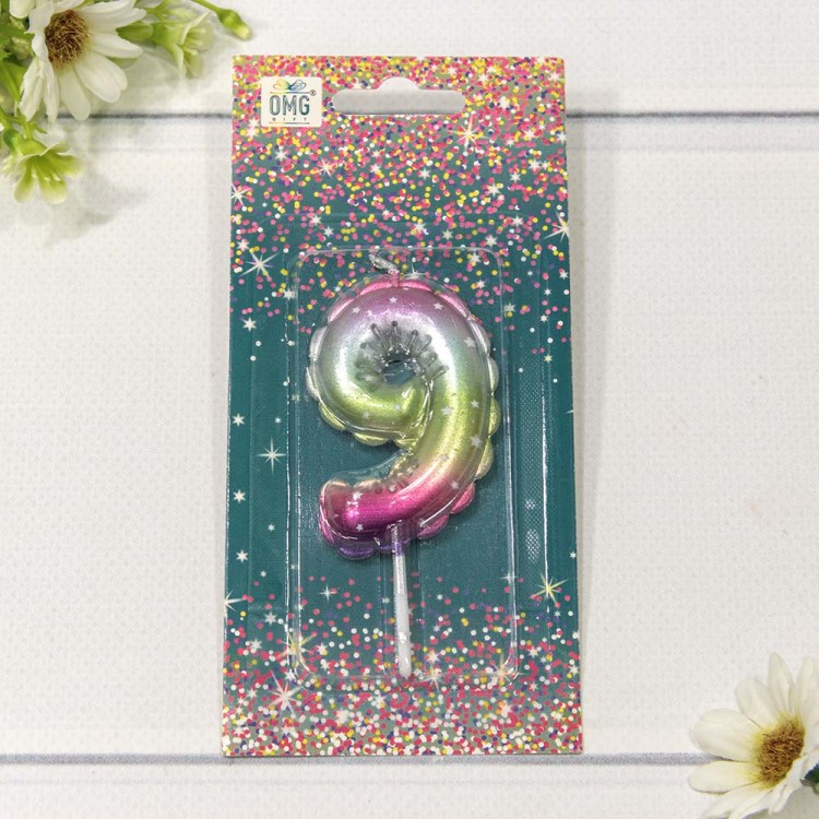 20010-90/9 Свеча для торта Цифра 9 "Градиент со звёздочками" 6см 1/12 1/120