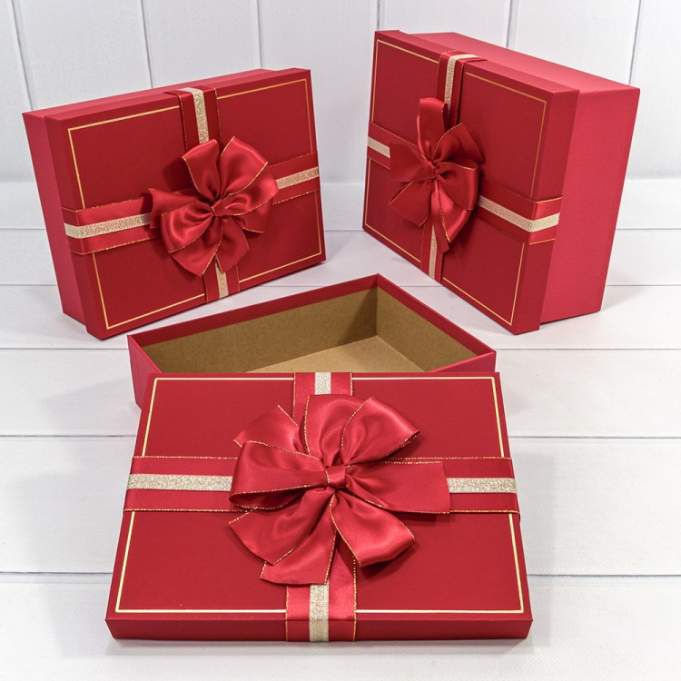 721634/1 Коробки Прямоугольные Набор 1/3 29*21*9,5 с двойным бантом Красный 1/12