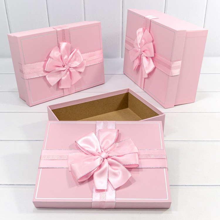 721634/2	Коробки Прямоугольные Набор 1/3 29*21*9,5 с двойным бантом Розовый 1/12