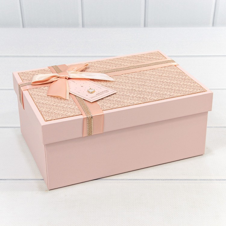 721640/1 Коробки Прямоугольные Набор 1/3 22,5*16*9,5 с бантом и клубничкой "Плетёнка" Персиковый 1/20