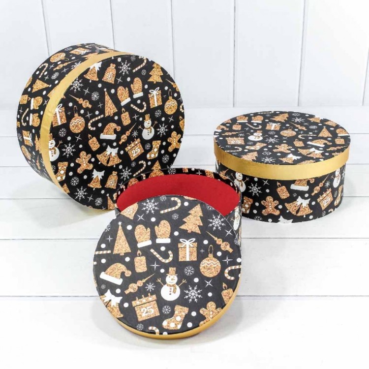 7302245/1645 Набор коробок 1/3 круглый 25,5*11,5 см Новый год черный 1/12