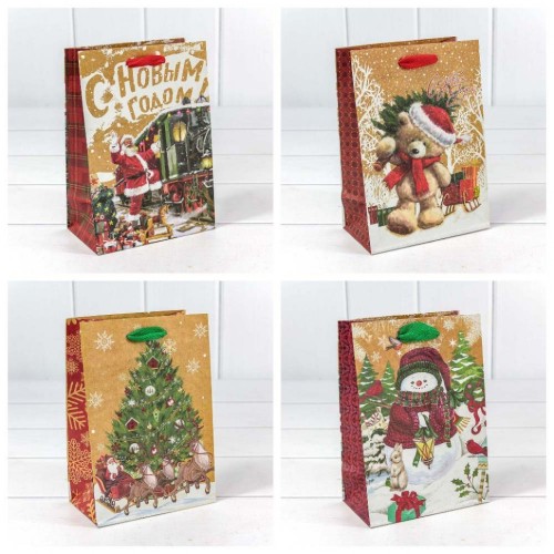 300367G Пакет подарочный крафт "Новогодний" (микс) 14*20*8 см 1/20 1/600