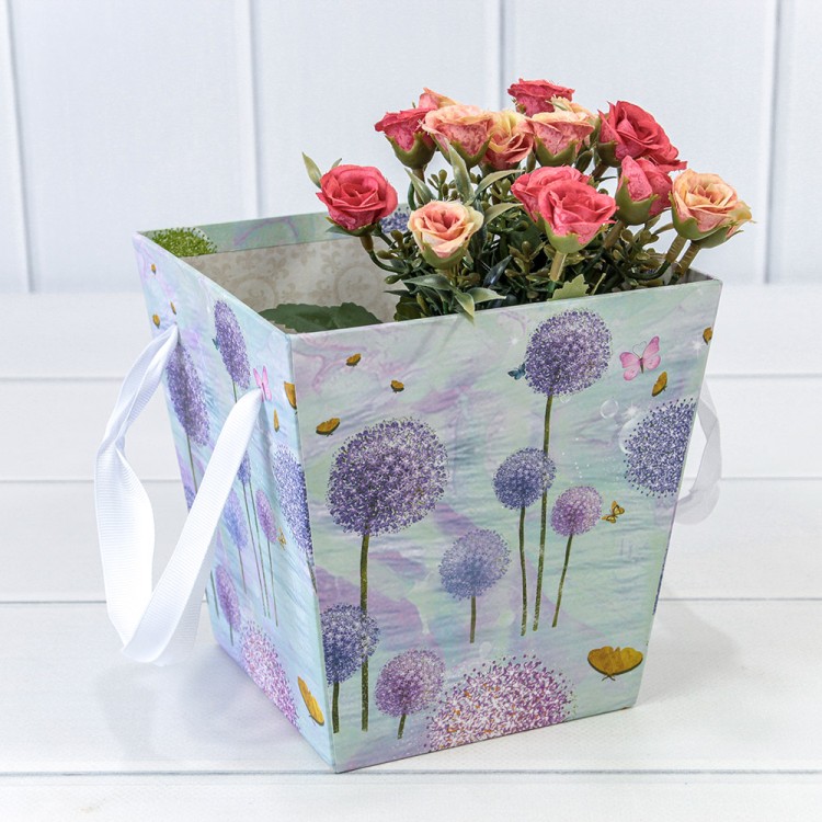 720107/6 Ваза для цветов квадратная с репсовой ручкой 14,5*14,5*15 см Одуванчики 1/10 1/120