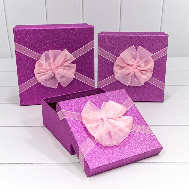 720616/45 Коробки Квадратные Набор 1/3 19,5*19,5*9,5 "Блеск" с бантом Пурпурный 1/36