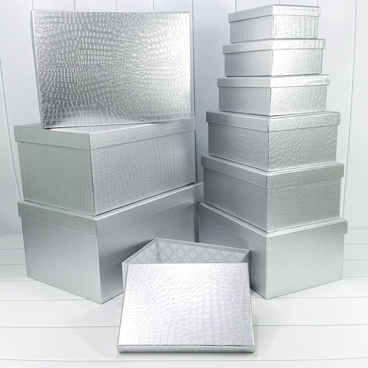 7210808/0089 Коробки Прямоугольные Набор 1/10 50*35*25 "Кожа крокодила" матовый Серебряный 1/1