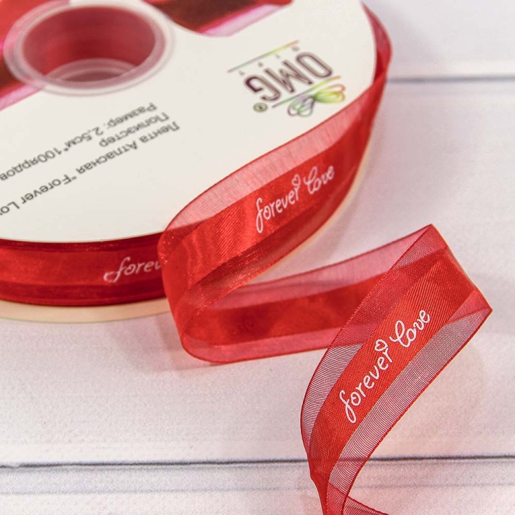564-25/1026 Лента Органза "Forever love" 2,5см*100 ярд Красный 1/13 1/52