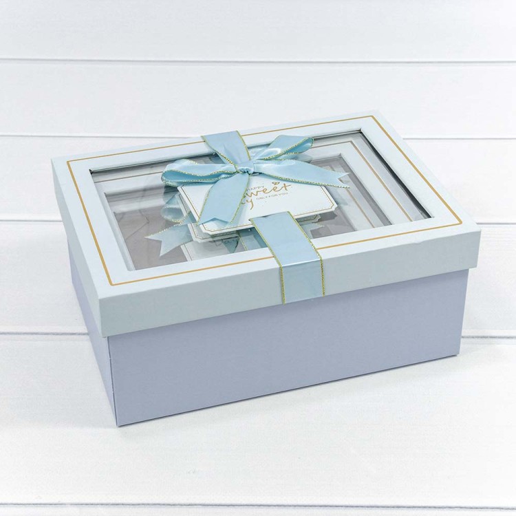 72091301/3 Коробки Прямоугольные Набор 1/3 22,5*16*9,5 с окошком и бантом Голубой 1/20