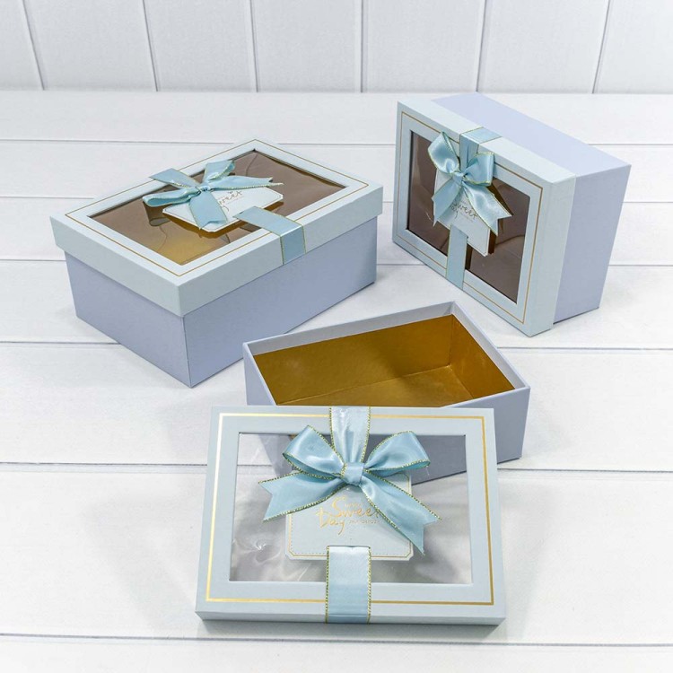 72091301/3 Коробки Прямоугольные Набор 1/3 22,5*16*9,5 с окошком и бантом Голубой 1/20