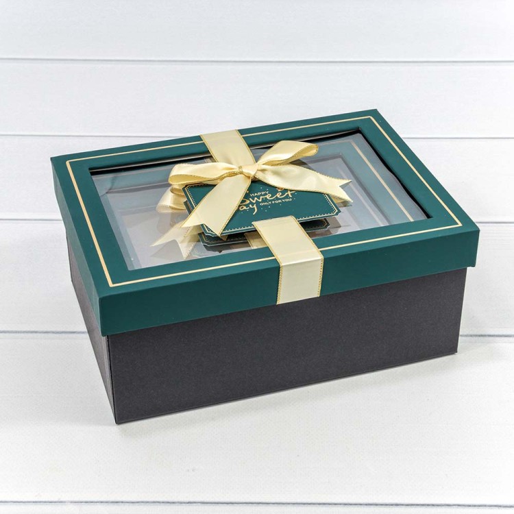 721309/6 Коробки Прямоугольные Набор 1/3 22,5*16*9,5 с окошком и бантом Синевато-зелёный/Чёрный 1/20