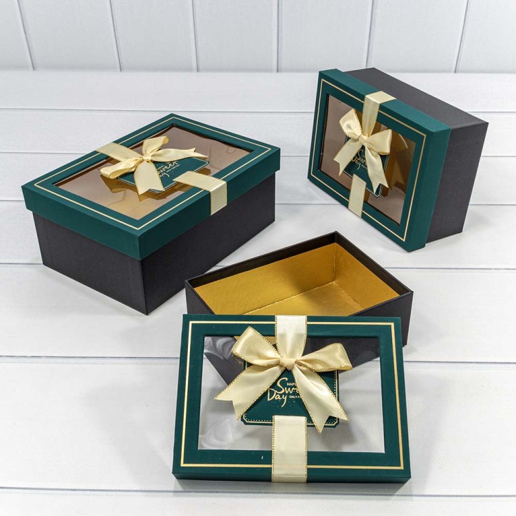 721309/6 Коробки Прямоугольные Набор 1/3 22,5*16*9,5 с окошком и бантом Синевато-зелёный/Чёрный 1/20