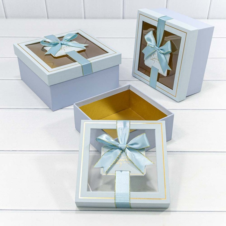 72092301/3 Коробки Квадратные Набор 1/3 19*19*9,5 с окошком и бантом Голубой 1/18