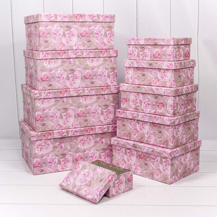 721604/1786 Набор коробок 1/10 прямоугольный 34*26*15,3 см Розы на розовом фоне 1/6
