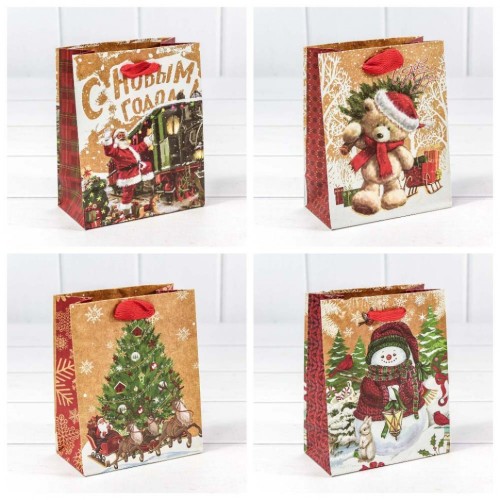 300367H Пакет подарочный крафт "Новогодний" (микс) 12*15*6,7 см 1/20 1/600