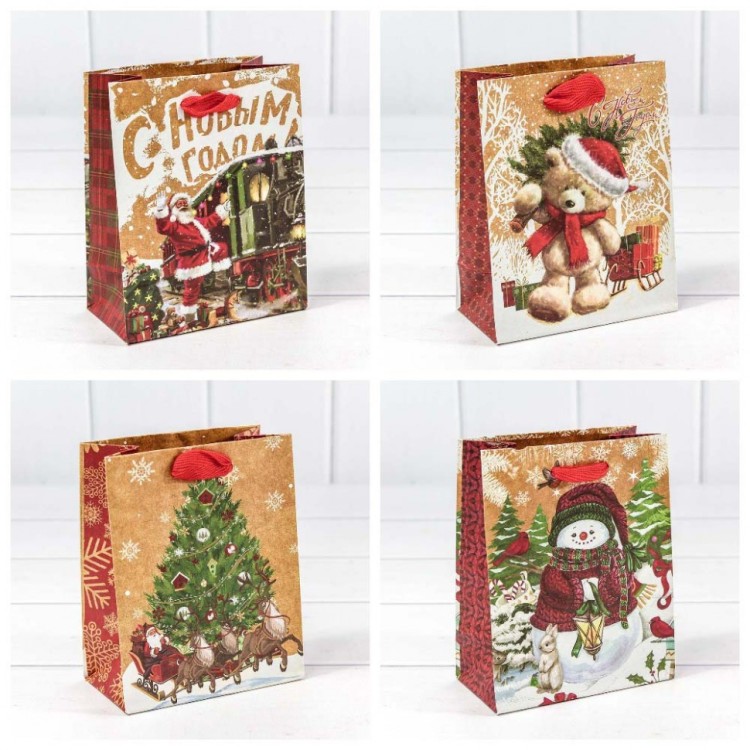 300367H Пакет подарочный крафт "Новогодний" (микс) 12*15*6,7 см 1/20 1/600