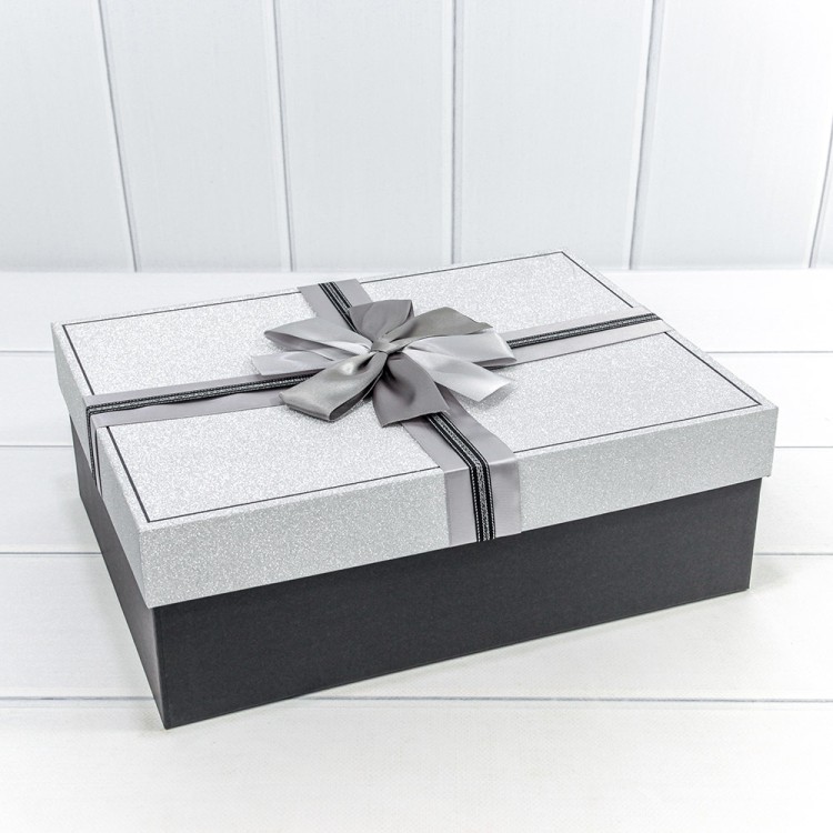 720627/1	Коробки Прямоугольные Набор 1/3 33,5*25*11,5 с бантом "Блеск" Серебряный 1/12	