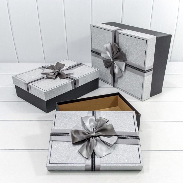 720627/1	Коробки Прямоугольные Набор 1/3 33,5*25*11,5 с бантом "Блеск" Серебряный 1/12	