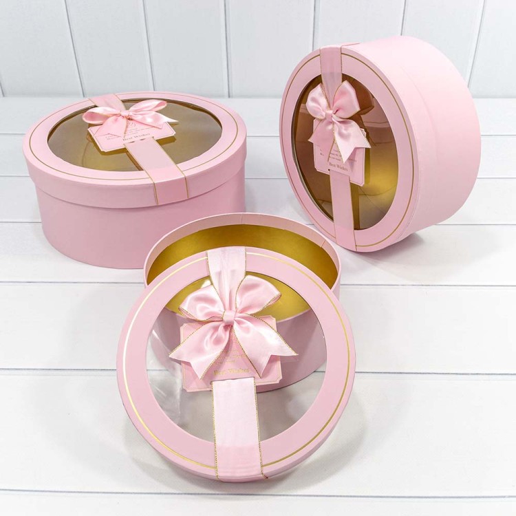 721302/1 Коробки Круглые Набор 1/3 28*11,5 с окошком и бантом Розовый 1/12