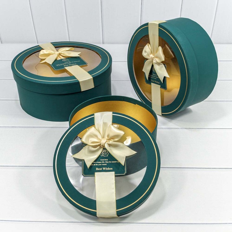 721302/3 Коробки Круглые Набор 1/3 28*11,5 с окошком и бантом Синевато-зелёный 1/12