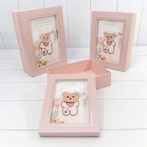 720-883/1 Коробки Прямоугольные набор 1/3 29*21*9,5 с окошком "Мишка " Розовый 1/12