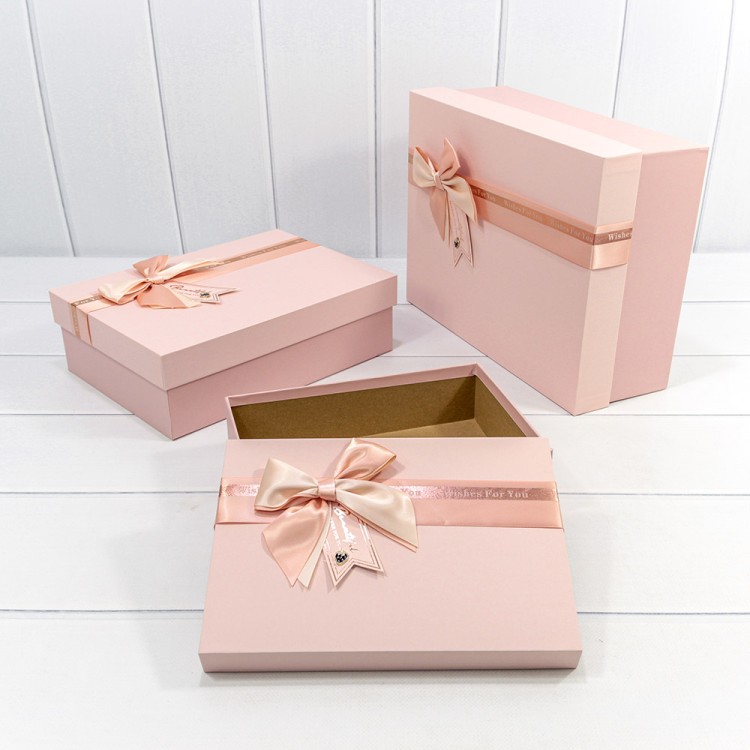 720631/4 Коробки Прямоугольные Набор 1/3 33,5*25*11,5 с двойным бантом Розовый 1/12