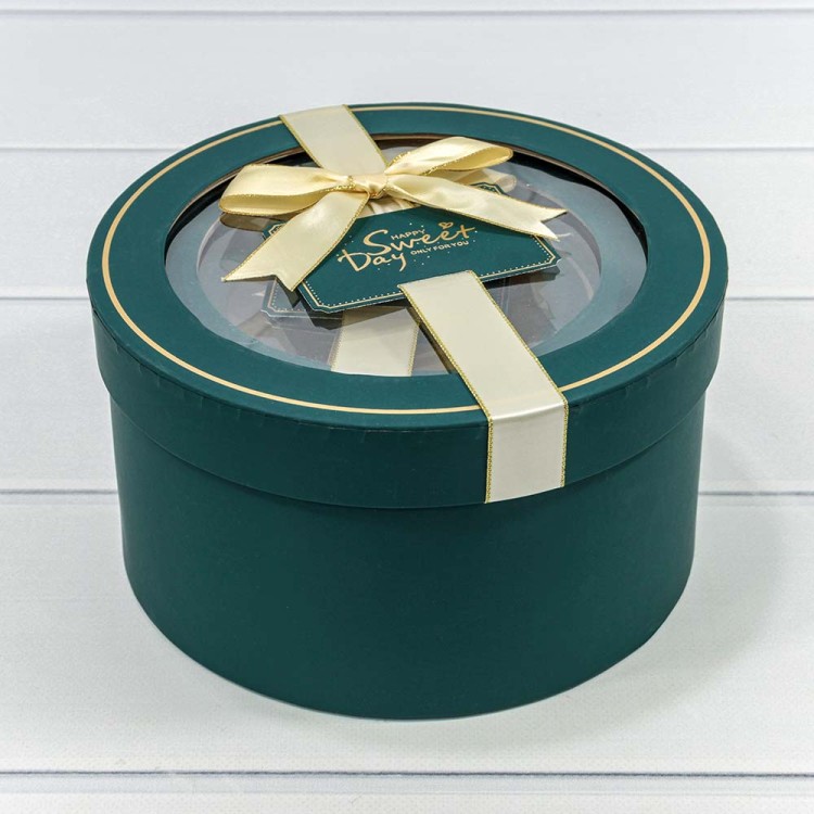 721303/3 Коробки Круглые Набор 1/3 21*11,5 с окошком и бантом Синевато-зелёный 1/18