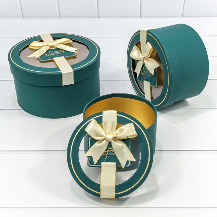 721303/3 Коробки Круглые Набор 1/3 21*11,5 с окошком и бантом Синевато-зелёный 1/18