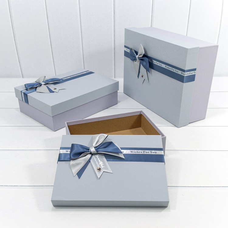 720631/3 Коробки Прямоугольные Набор 1/3 33,5*25*11,5 с двойным бантом Голубой 1/12