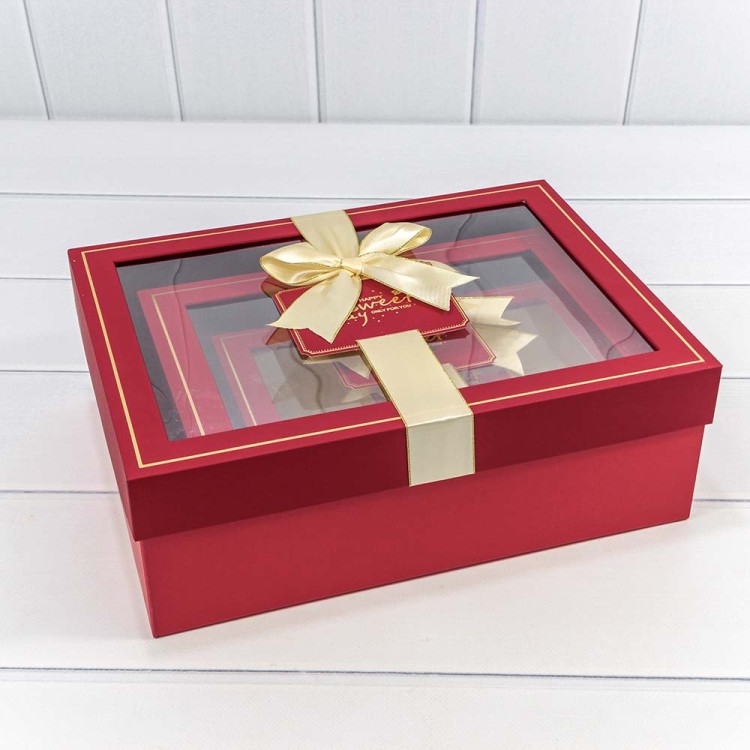 721306/2 Коробки Прямоугольные Набор 1/3 33,5*25*11,5 с окошком и бантом Красный 1/12