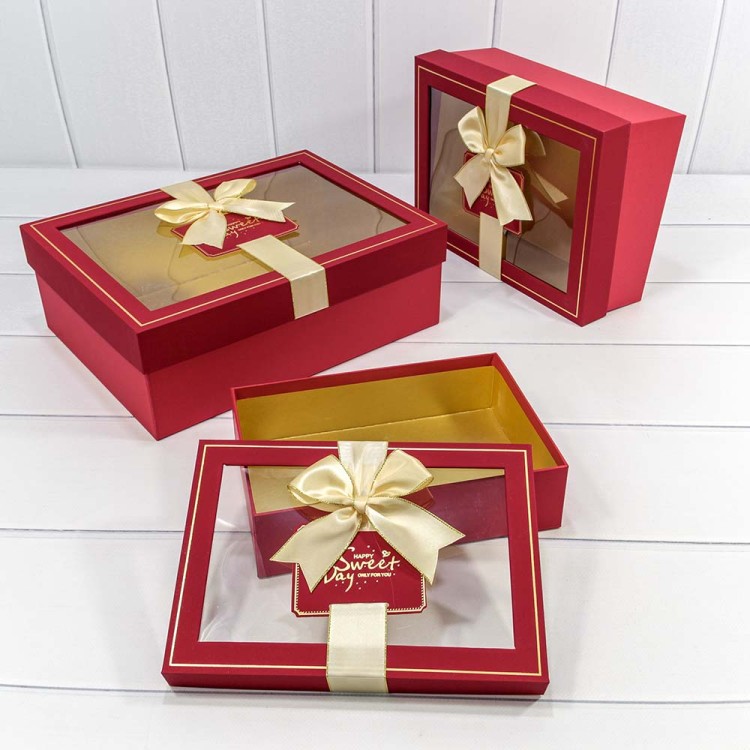 721306/2 Коробки Прямоугольные Набор 1/3 33,5*25*11,5 с окошком и бантом Красный 1/12