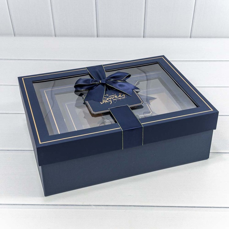 721306/4 Коробки Прямоугольные Набор 1/3 33,5*25*11,5 с окошком и бантом Тёмно-синий 1/12