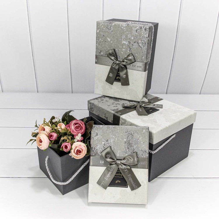 720562/2 Коробки Прямоугольные Набор 1/3 25*18*14,5 с ручками и бантом "Wonderful" Серый 1/24