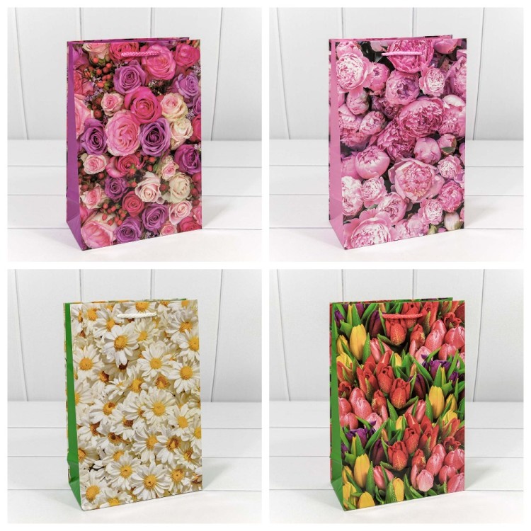 00019K Пакет подарочный "Цветы" (микс) 20*30*10 128г 1/20 1/360